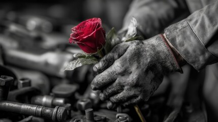 Obraz premium Mechanic Holding Fresh Red Rose Against Auto Work Background Captures Beauty in a Gritty Environment