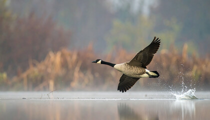 Obraz premium Canadian goose taking off from serene lake with water splash