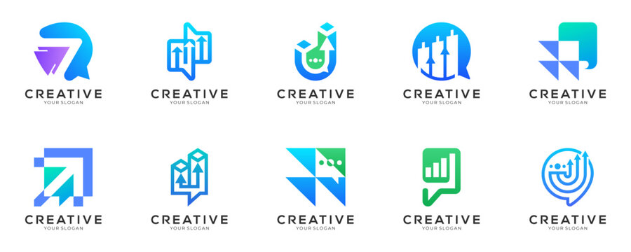 Set of Abstract Financial Trading Graph with Speech Bubble logo design inspirations. Creative vector of Digital Marketing Growth and Communication, modern blue cyan gradient icon template.