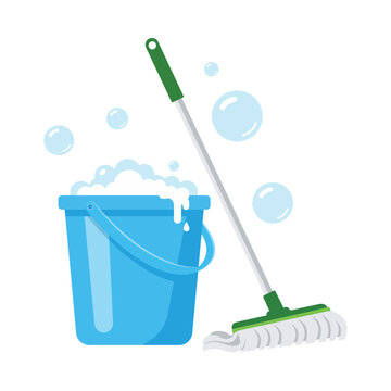 Colorful cleaning service supplies mop bucket soap bubbles vector