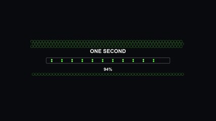 Hexagon grid progress bar animation displays progress in one second with clear green markers on a dark background