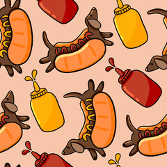 Cotton fabric Funny Dachshund Hot Dog Seamless Pattern with Mustard and Ketchup Bottles Creative Food and Puppy Illustration Background