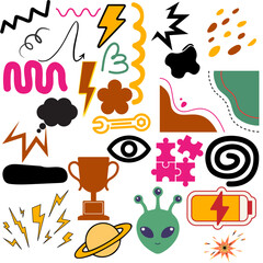 Seamless vector illustration of a fun Halloween and birthday doodle icon set featuring cartoon cake, gift, and toy drawings in a colorful collection for kids' party decoration