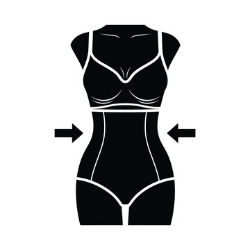 Vector illustration icon black silhouette of a womans body in lingerie with arrows indicating waist reduction