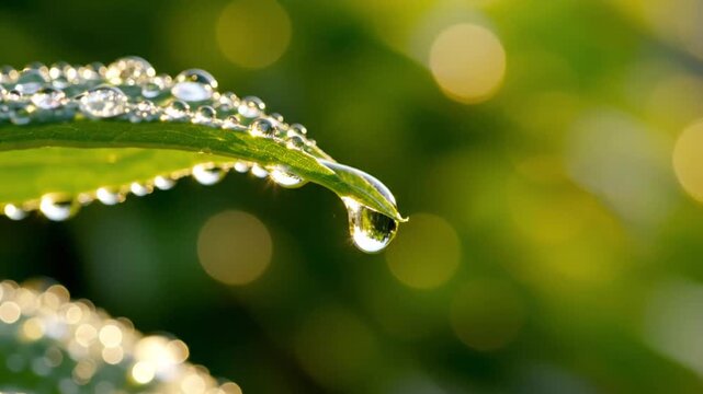 Nature's Jewel: Captivating Close Up of Dew Drops on Green Leaf, Reflecting Morning Light