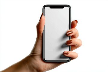 Mano di donna che tiene un cellulare. Schermo bianco che pu&ograve; essere sostituiro da immagini o sfondi o messaggi.