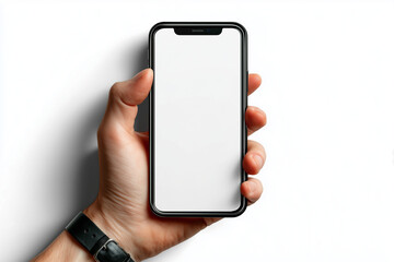 Mano di uomo che tiene un cellulare. Schermo bianco che pu&ograve; essere sostituiro da immagini o sfondi o messaggi.