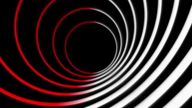 Abstract red and white neon glowing concentric circles spiral tunnel on black background motion loop