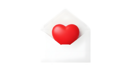 A white envelope with a red heart isolated on transparent background