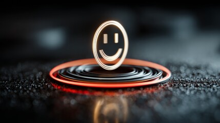 Glowing smiley face on neon button with dark background