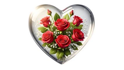 Heart shaped box with bouquet of roses isolated on transparent background