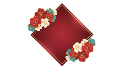 A festive Christmas greeting card featuring a red ribbon and gift box ornament nestled within a floral holiday frame of roses, holly leaves, and winter decorations