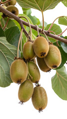Ripe kiwifruit hanging from a lush green branch, showcasing a bountiful harvest