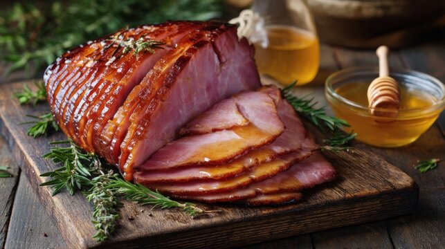 Glazed spiral sliced ham with fresh rosemary and honey on rustic wooden board.