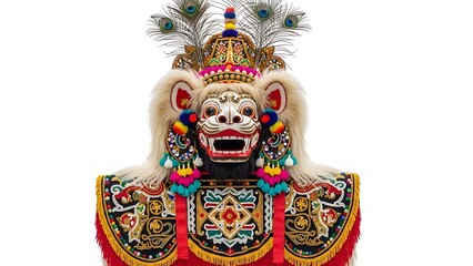 A majestic barongsai lion head close up on an isolated white background, showcasing intricate details of the traditional Chinese lion dance costume with yellow coloring symbolizing earth