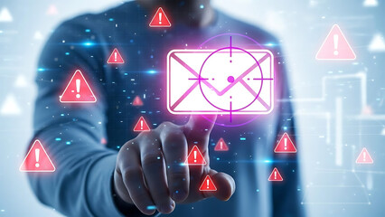 Man interacting with digital warning signs and email icon