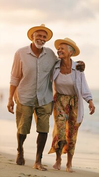 Happy Senior Latin Couple Walking on Tropical Beach During Golden Hour Sunset