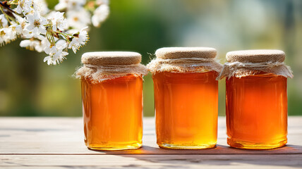 Three jars of golden honey on a wooden table outdoors, with white spring blossoms and green bokeh background