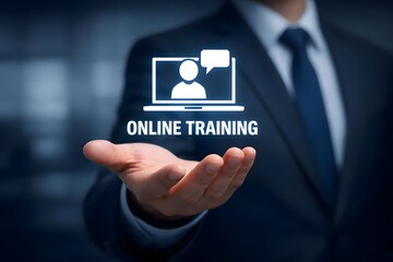 Training webinar E-learning concept. Educational technology and personal development. Businessman holding online training icon on virtual screen.