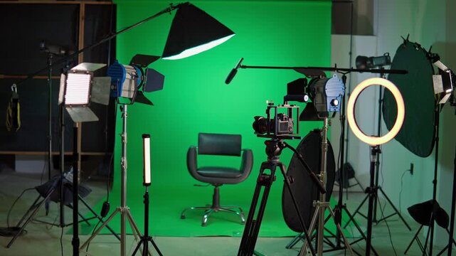 Professional television studio with green screen and lighting equipment