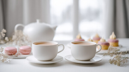 Fototapeta premium Two cups of tea with macarons and pastries on white table, creating a cozy elegant breakfast scene
