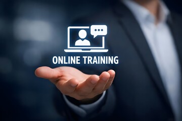 Training webinar E-learning concept. Educational technology and personal development. Businessman holding online training icon on virtual screen.