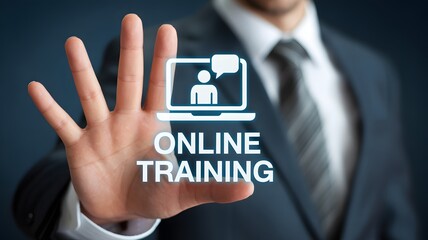 Training webinar E-learning concept. Educational technology and personal development. Businessman holding online training icon on virtual screen.