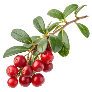 Branch of fresh vibrant red lingonberries with lush green leaves, isolated on black