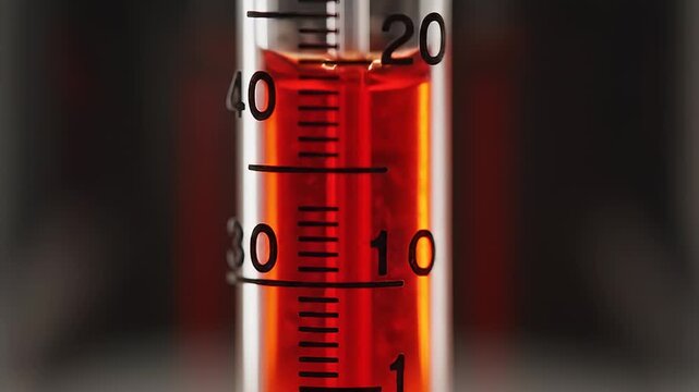Close-up of a graduated glass thermometer with red liquid.