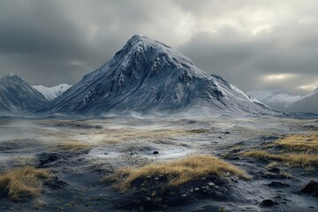 Majestic mountain landscape under dramatic cloudy sky at dusk with grassy terrain