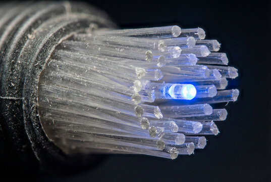 Extreme macro close-up of fiber optic cable ends with blue data light transmission - Powered by Adobe