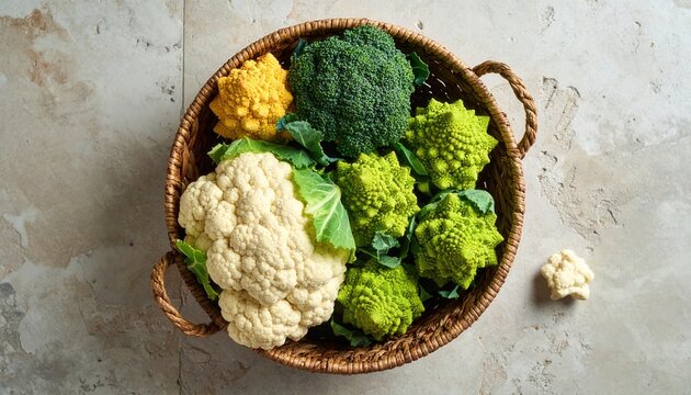 Vibrant Cauliflower Collection Featuring Broccoli And Romanesco In Natural Wicker Basket