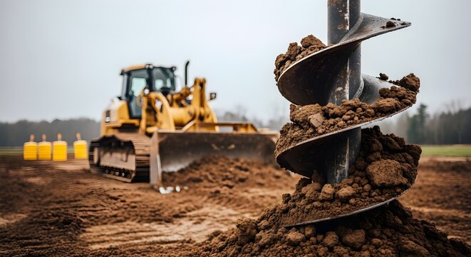 Heavy Duty Equipment Digging a Hole in the Ground with a Bulldozer in the Background
