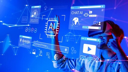 Futuristic Visualization of Virtual Reality Interaction with AI Agents and Digital Interfaces in a Vibrant Tech-Driven Environment Gluon.