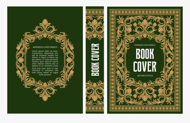 Classic vintage book cover and spine with gold and black art deco, art nouveau ornament, decorative frame, elegant retro style for classic publications, posters, artistic layouts © pgmart
