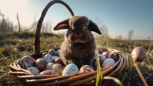 Lapin dans panier avec des &oelig;ux de P&acirc;ques