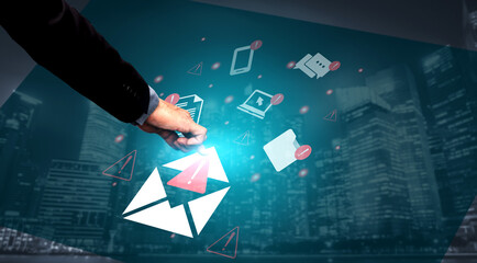 A businessman hand reaches toward an email icon in a digital environment featuring various communication elements, set against a modern city backdrop. Gantry