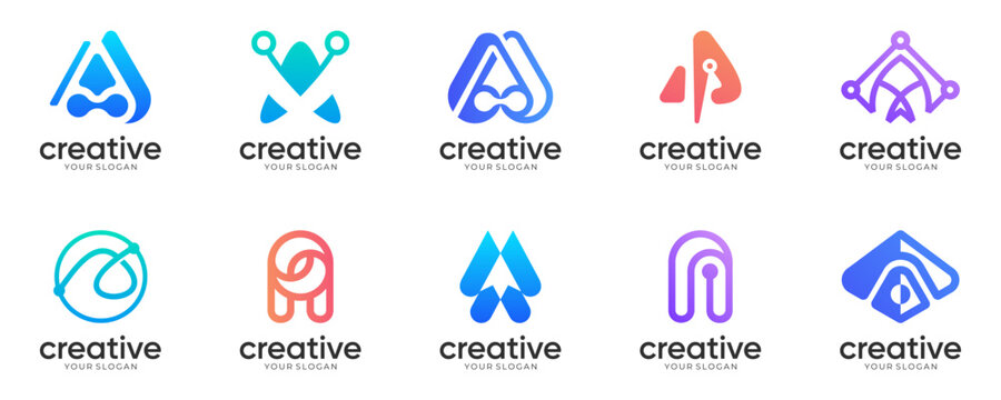 Set of Modern Abstract Letter A with Tech Startup and Digital Identity logo design inspirations. Creative vector of Futuristic Network and Software Development, colourful icon template. 