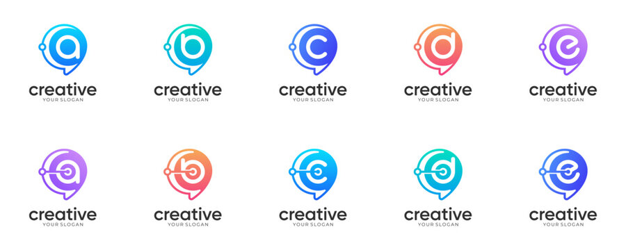 Set of Letter a-e with Chat Bubble logo design inspirations. Creative vector of Innovation Communication and Technology, modern colourful icon template. 
