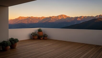 Balcony with wooden floor overlooking mountain range during golden hour sunset