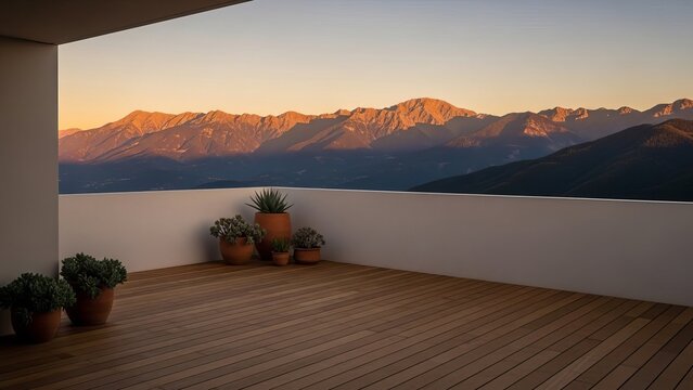 Balcony with wooden floor overlooking mountain range during golden hour sunset - Powered by Adobe