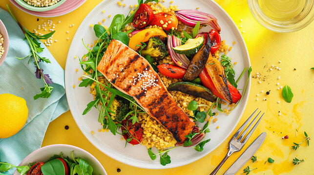 Saumon grillé, des légumes grillés et du boulgour