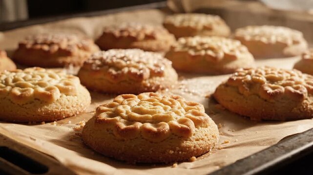 Dusting powdered sugar over freshly baked flower cookies on a baking tray, slow motion.