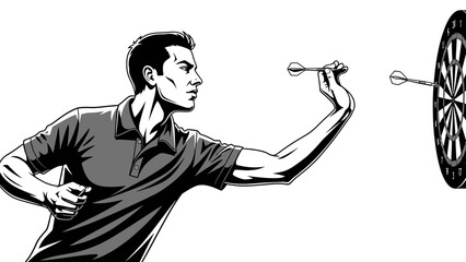 Determined man throwing a dart, hitting the dartboard with focus, engaging in a competitive game, isolated white background.
