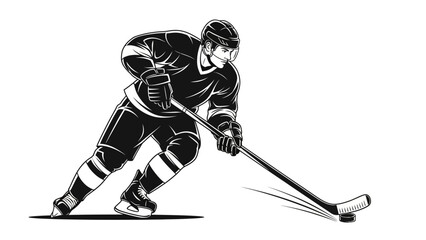 Obraz premium Energetic ice hockey player aggressively skating with a stick, ready to shoot or pass, isolated white background.