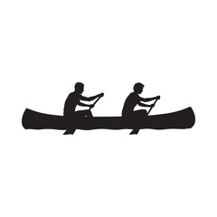 Two rowers silhouetted in a canoe paddling on calm waters