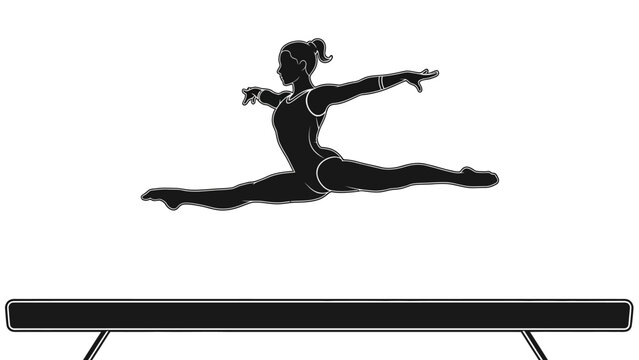 Graceful female gymnast performing a split leap jump on a balance beam, showcasing athletic strength, isolated white background.