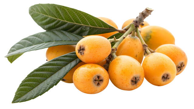 Freshly picked golden loquats on a branch with vibrant green leaves, showcasing their natural beauty