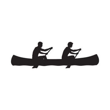 Two rowers silhouetted in a canoe paddling on calm waters