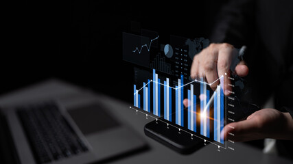 A captivating scene showcasing hands engaging with interactive data visualization on a modern display. This image emphasizes financial analysis with graphs and charts. Scalp